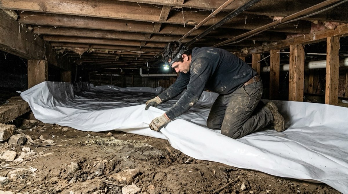 Laying the vapor barrier for crawl space radon mitigation