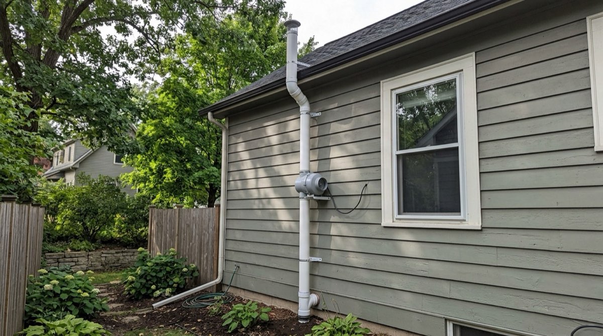 Exterior radon mitigation system installed on a Madison home